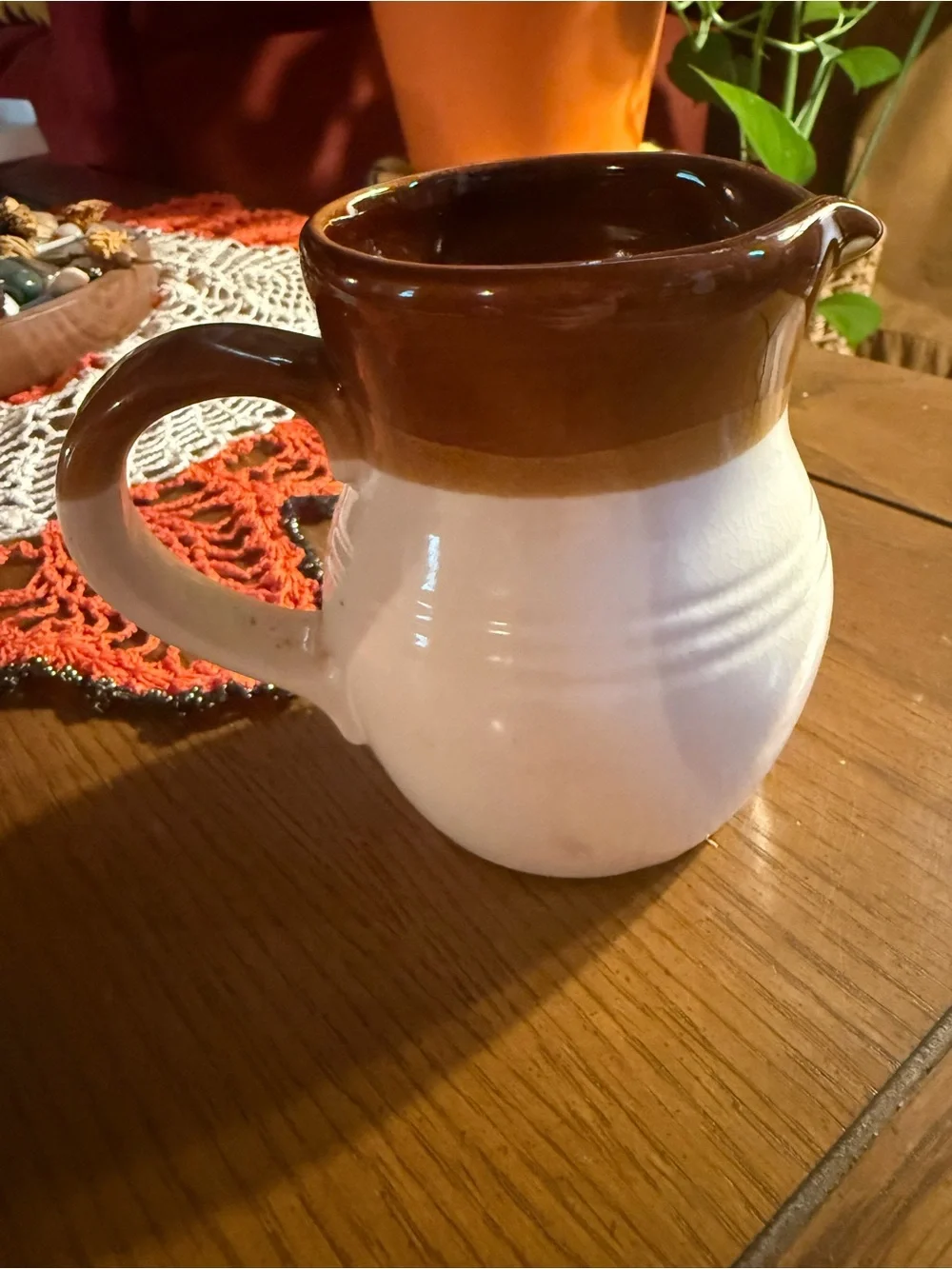 Vintage Brown & Cream Stoneware Pitcher Crazed Glaze Farmhouse Pottery